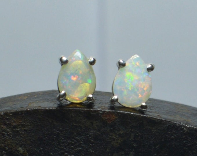 Silver Australian Opal Teardrop Stud Earrings, Crystal Opal Earrings, October Birthstone, Opal Studs For Wife