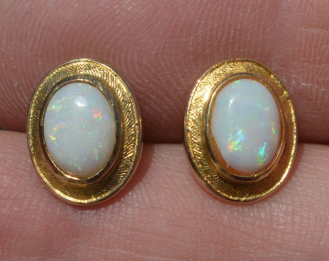 18ct Gold Oval Australian Opal Stud Earrings, White Coober Pedy Opal Studs