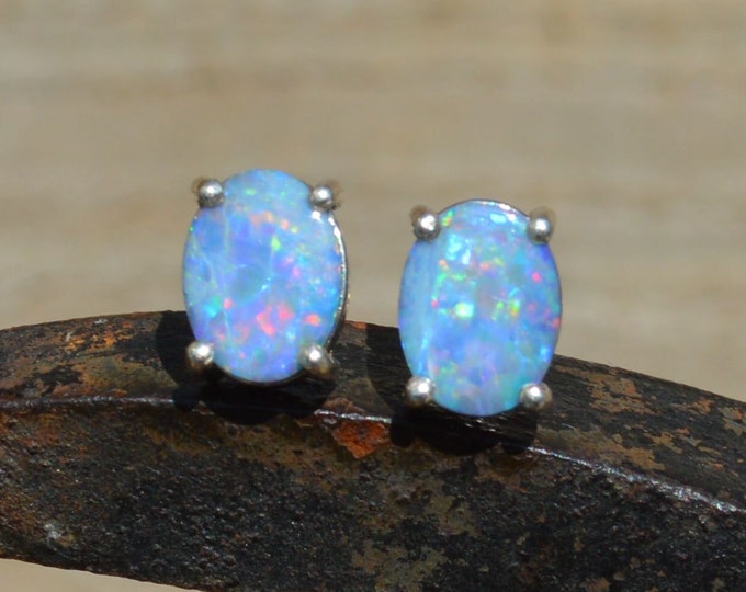 Sterling Silver Opal Doublet Stud Earrings, Australian Opal Doublets
