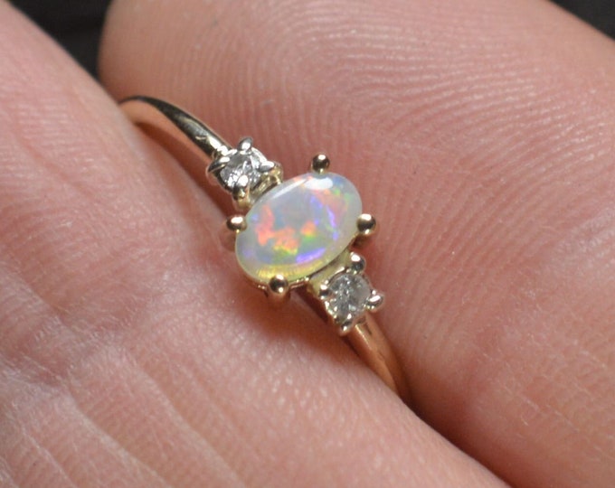 9ct Gold Oval Australian Crystal Opal and Diamond Ring, Handmade to Order