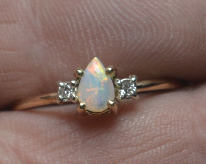 Dainty 9ct Gold Teardrop Australian Crystal Opal and Diamond Ring, Handmade to Ring Size