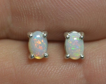 Australian Opal and Silver Stud Earrings, Dainty Oval Crystal Opal Earrings, Sterling Silver