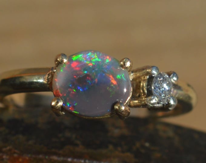 Unique 9ct Gold Black Opal and Diamond Ring, Australian Black Opal, Lightning Ridge Opal and Diamond Ring