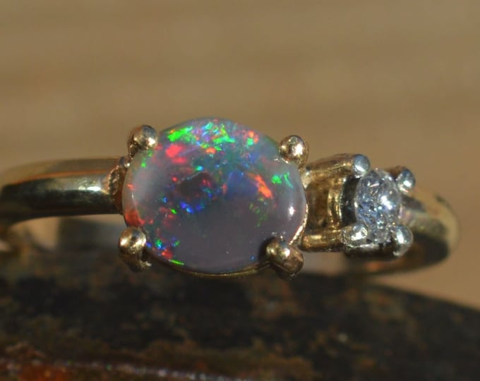 9ct Gold Lightning Ridge Black Opal and Diamond Ring, Unique