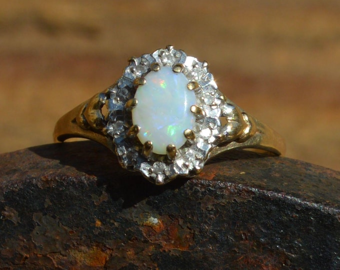 9ct Gold Opal and Diamond Cluster Ring, Vintage