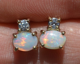 Gold Opal and Diamond Stud Earrings, 9ct Yellow Gold Oval Opals and Round Diamonds, Diamond Gifts For Wife, October Birthstone