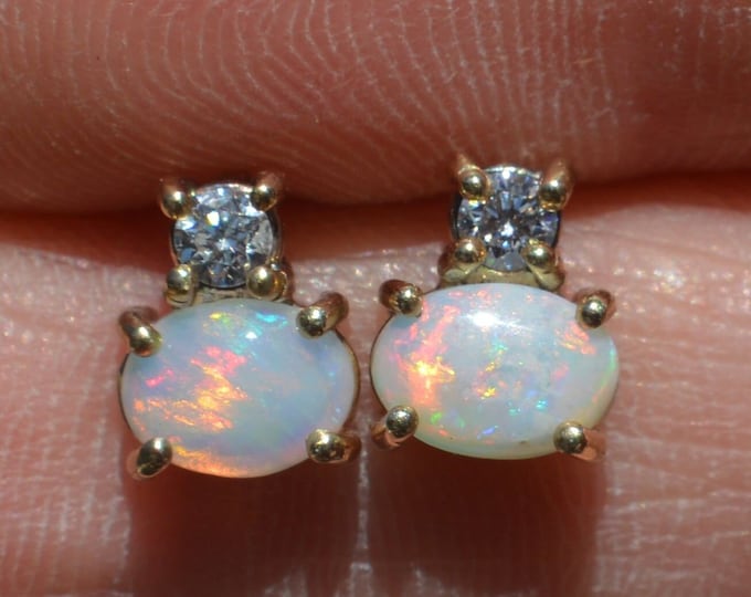 9ct Gold Opal and Diamond Stud Earrings, Australian Opal