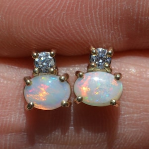 9ct Gold Opal and Diamond Stud Earrings, Australian Opal