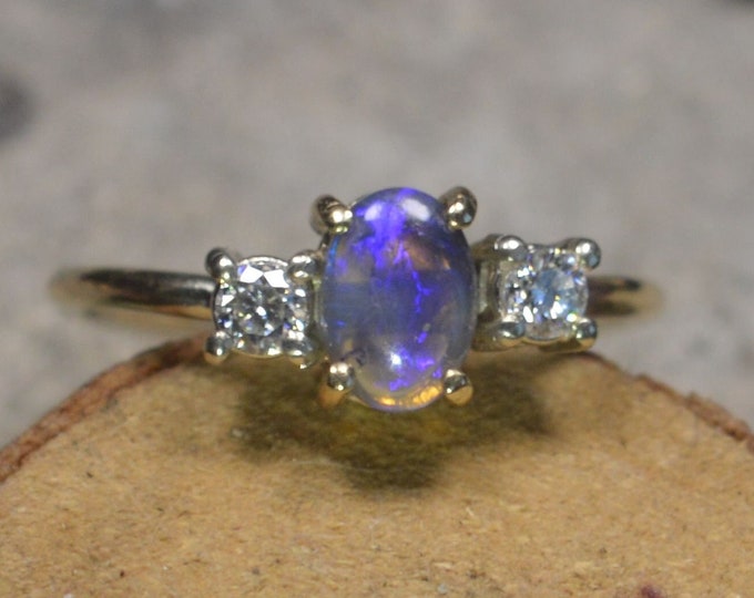 9ct Gold Black Opal and Diamond Ring, Australian Crystal Opal, Diamonds are D VVS1