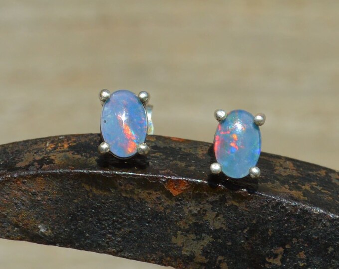 Dainty Sterling Silver Blue Opal Stud Earrings, Australian Triplet Opal