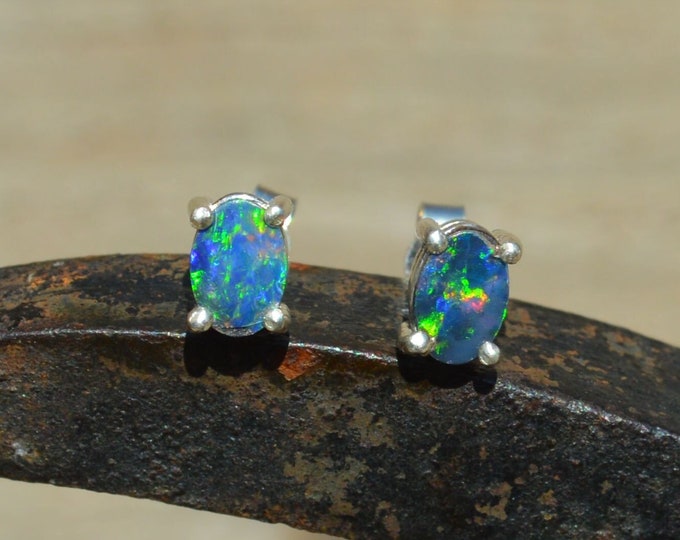 Dainty Oval Australian Opal Doublet Silver Stud Earrings