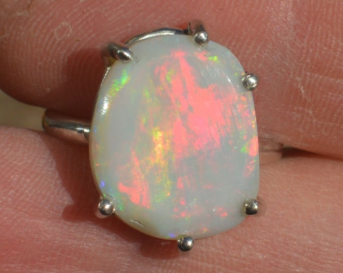 9ct White Gold Australian Opal Ring, Statement Ring with Rolling Red and Orange Flash