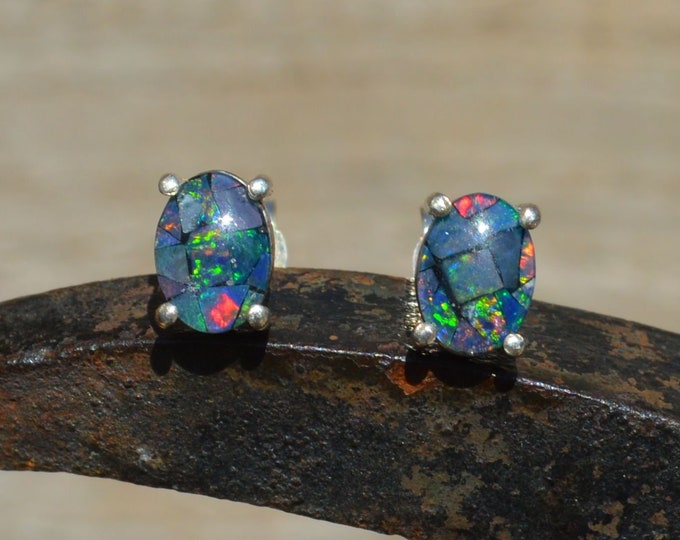 Sterling Silver Opal Triplet Stud Earrings, Oval Australian Opal Triplets