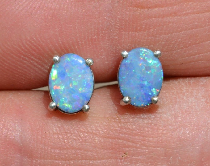 Sterling Silver Opal Doublet Stud Earrings, Australian Opal Doublets