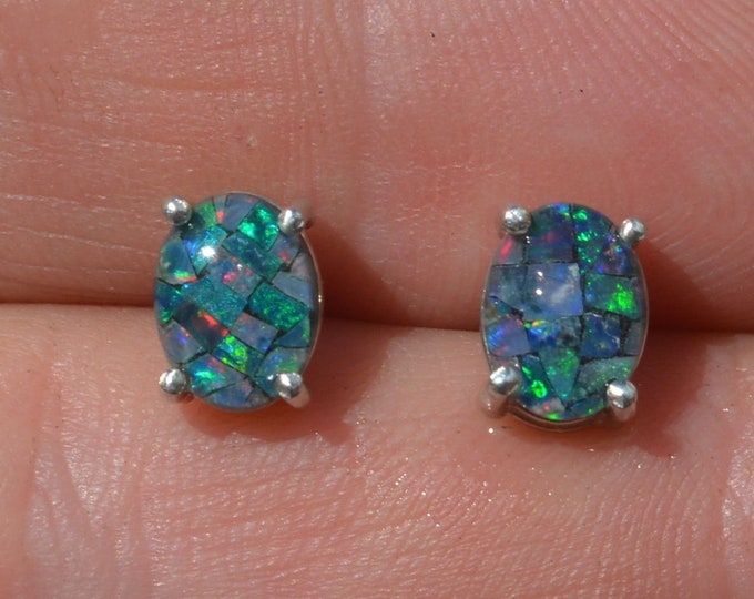 Blue Opal Stud Earrings, Sterling Silver Opal Triplets, Oval Silver Earrings, Valentines Gift For Her