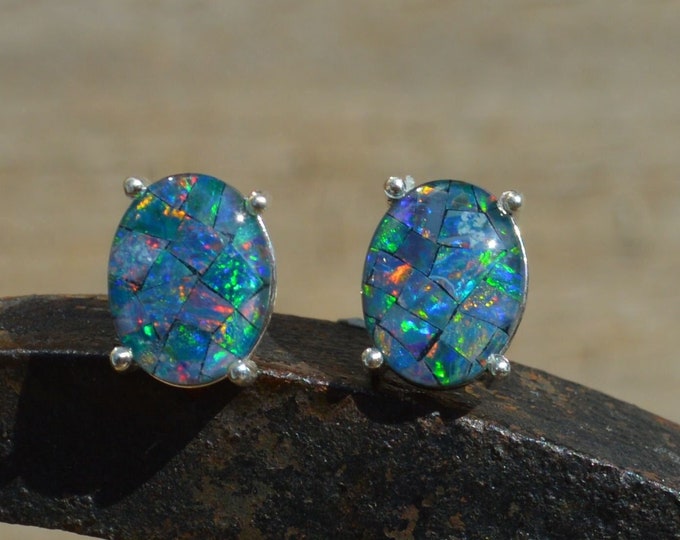 Sterling Silver Opal Triplet Stud Earrings, Oval Australian Opal Triplets