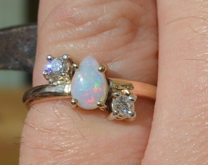 9ct Gold Australian Crystal Opal and Diamond Ring, Handmade, Teardrop Opal