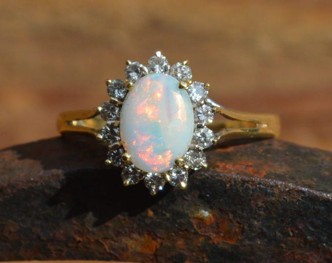 18ct Gold Opal and Diamond Halo Ring, Australian Opal