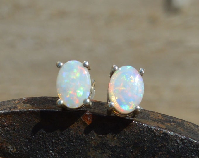 Sterling Silver Opal Stud Earrings, Oval Australian Crystal Opals