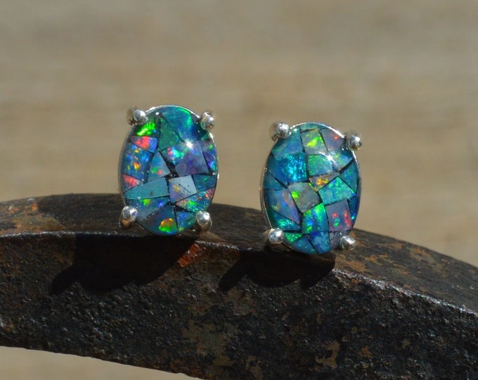 Sterling Silver Opal Triplet Stud Earrings, Oval Australian Opal Triplets