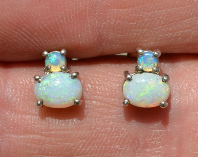 Sterling Silver and Opal Stud Earrings, Australian White and Crystal Opal