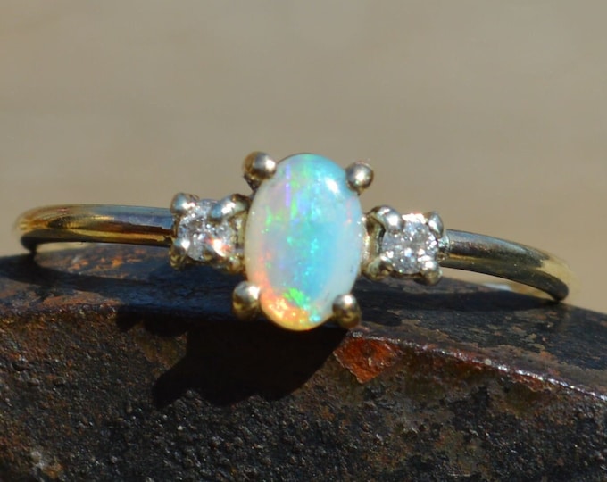 9ct Gold Oval Australian Crystal Opal and Diamond Ring, Handmade to Order