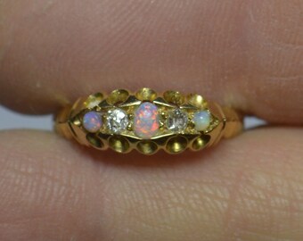 Antique 18ct Gold Opal Ring, Australian Opal and Diamond Engagement Ring, October Opal, Gifts For Wife, Ladies Gold Ring
