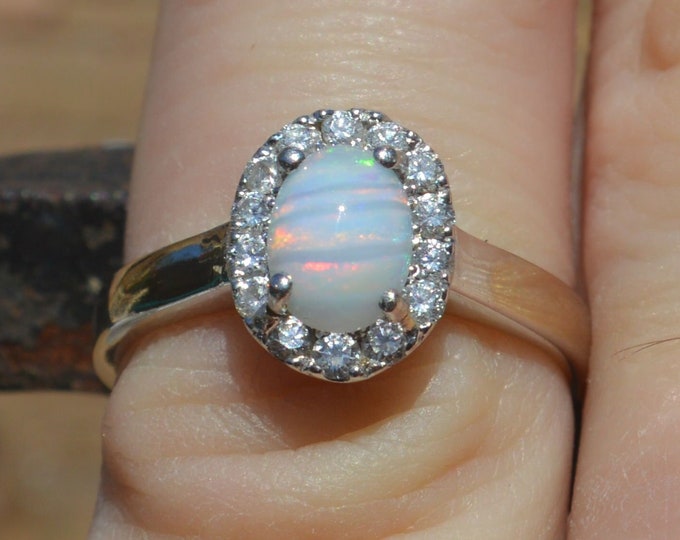 18ct White Gold Australian Crystal Opal and Diamond Cluster Ring