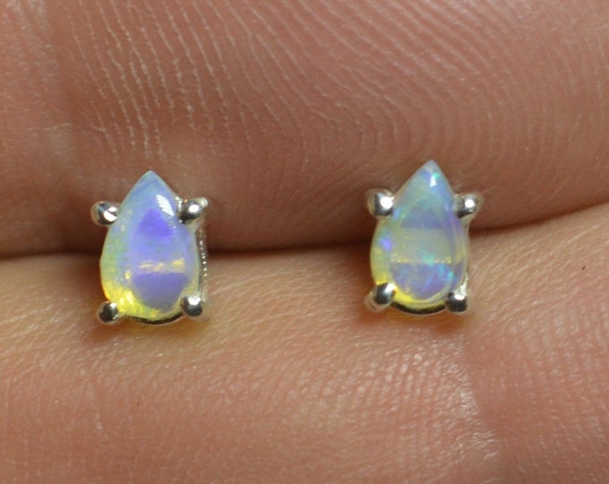 Dainty Silver and Opal Teardrop Stud Earrings, Blue Crystal Opals, Sterling Silver, Australian Opal