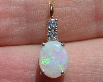 9ct Gold Opal Pendant, Australian Opal and Diamond Necklace, Traditional Oval Opal Pendant, Unique Handmade Jewellery, Gifts For Her
