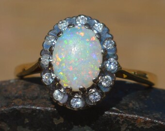 Vintage 18ct Gold Opal and Diamond Halo Ring, Australian Opal Cluster Ring