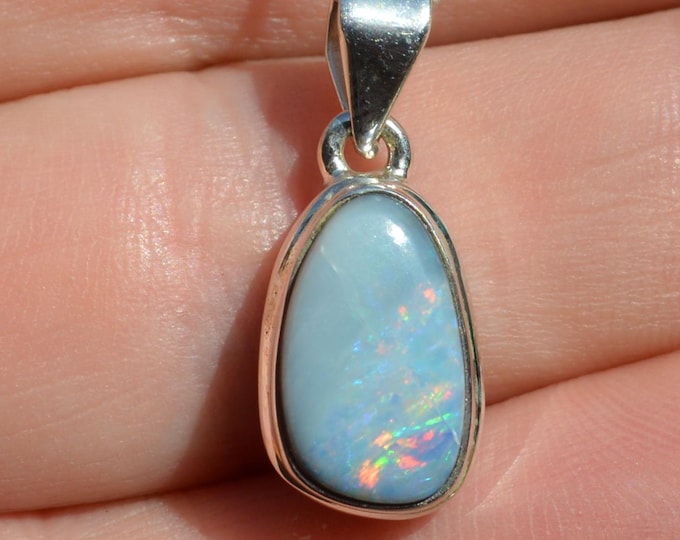 Sterling silver opal minimalist pendant, October birthstone necklace, rectangle silver pendant, crystal fire opal cabochon