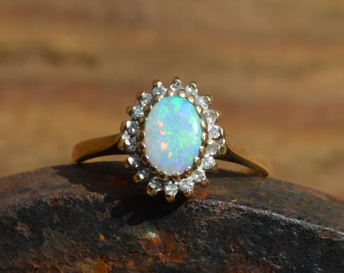 Gold Opal Diamond Cluster Ring, 9ct Opal Cluster Ring