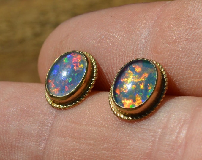 Large 9ct Gold Australian Opal  Triplet Stud Earrings