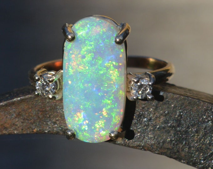 Handmade 9ct Gold Australian Crystal Opal and Diamond Ring