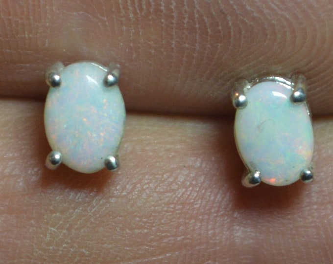 Silver White Opal Stud Earrings, Dainty Oval Australian Opal Earrings