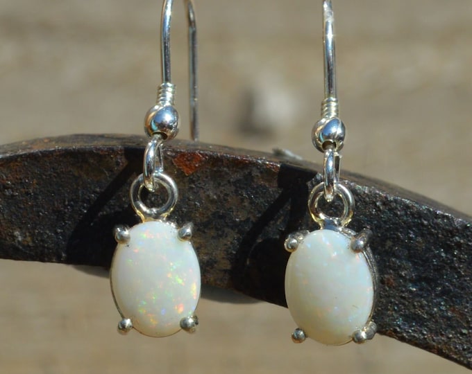 Sterling Silver Australian Opal Drop Earrings, Oval White Australian Opals