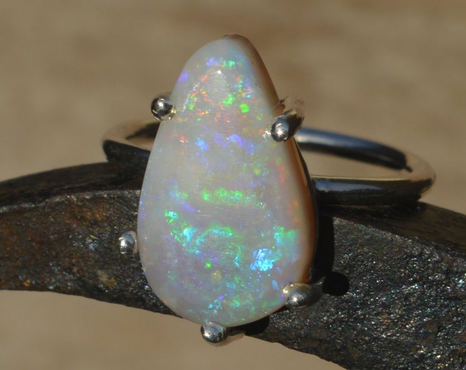 Large Teardrop Unisex Sterling Silver and Coober Pedy Opal Ring, Australian Opal Statement Ring