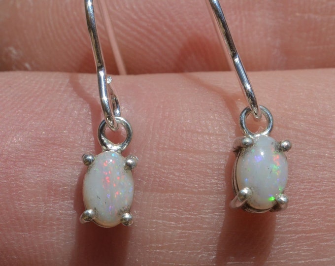 Opal Drop Earrings, Oval Australian Opal Dangle, Dainty Drops, Sterling Silver, October Gifts