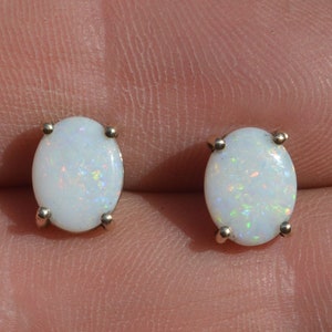 9ct Gold Oval Australian Opal Stud Earrings, White, Rainbow
