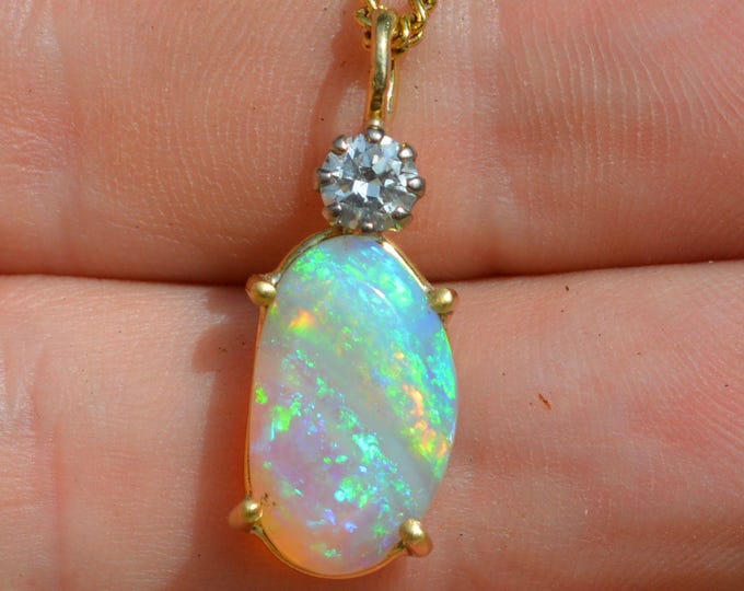 18ct Gold and Platinum Australian Crystal Opal and Diamond Pendant, Handmade Necklace