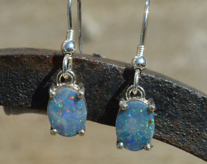 Oval Opal and Silver Drop Earrings, Australian Crsytal Opal Doublets