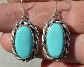 Large Oval Turquoise Drop Earrings, Rope Edge Bezel Set Sterling Silver, Light Blue Turquoise, Gifts For Wife