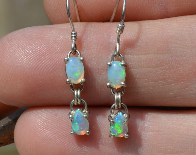 Long Silver Australian Opal Teardrop Dangle Earrings, Blue and Green Crystal Opals