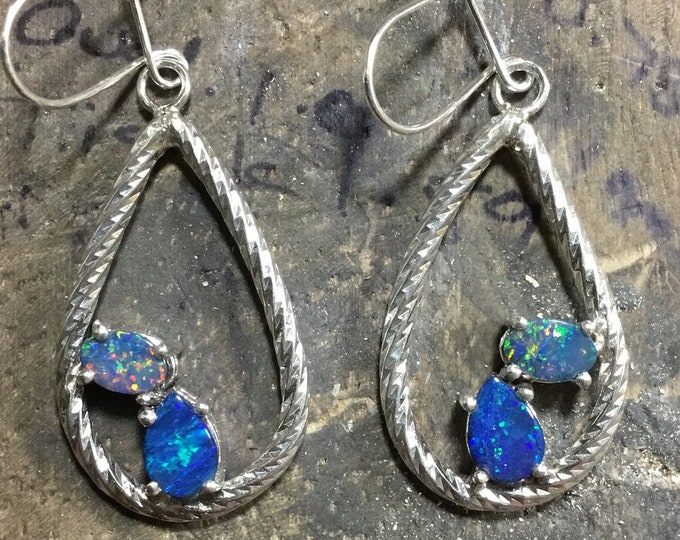 Silver and Opal Teardrop Dangle Earrings, Teardrop Blue Opal Doublets, Handmade Jewellery, Unique Silver Earrings, Gifts For Her
