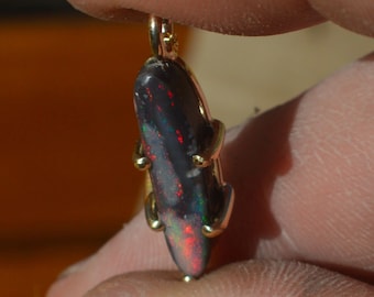 9ct Gold Black Opal Pendant, Australian Black Opal, Lightning Ridge Red on Black