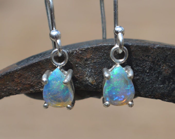 Silver Australian Opal Teardrop Earrings, Blue and Green Crystal Opals
