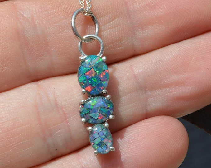Silver and Opal Pendant, Oval Australian Opal Triplets