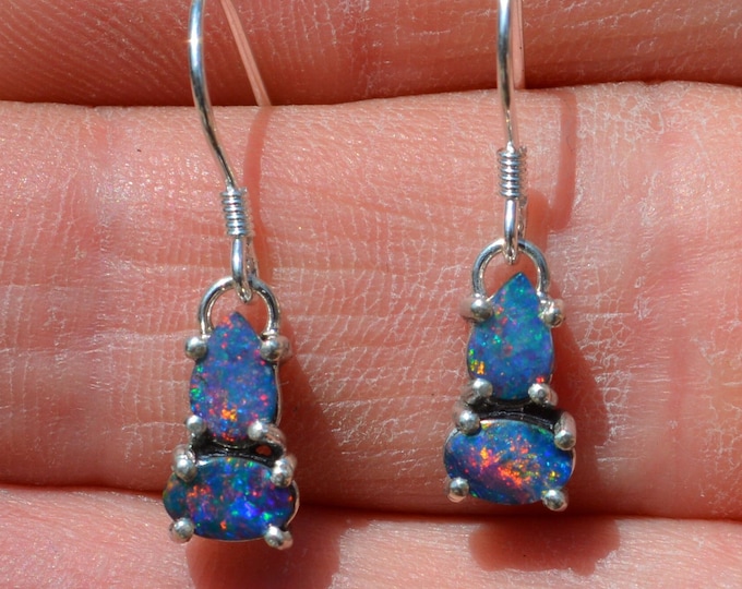 Silver and Blue Opal Dangle Earrings, Blue Australian Opal Doublets, Teardrop Drop Earrings, Rainbow Drops, Gifts For Her