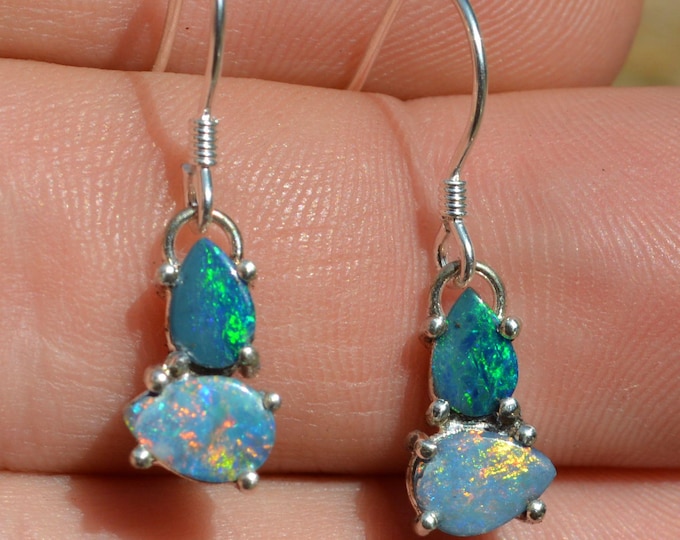 Silver and Teardrop Opal Drop Earrings, Australian Opal Doublets